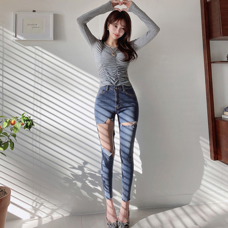 Spring Summer Ripped Holes Elastic Denim Women Jeggings Tassel High Waist Pants Capris Female Skinny Pencil Jeans 10405 210417