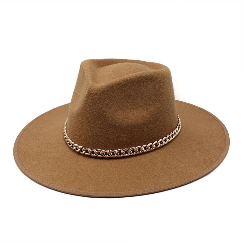 Wide Brim Hats Women Gold Chain Felt Fedora Hat Men Panama Winter Wool Vintage Jazz Gentleman Wholesale