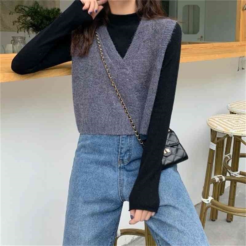 est Short Style V-Neck Twist Pattern Sleeveless Vests Korean Clothes Teen Girls Casual Loose Knitted Veste Sans Manche Femme 210604