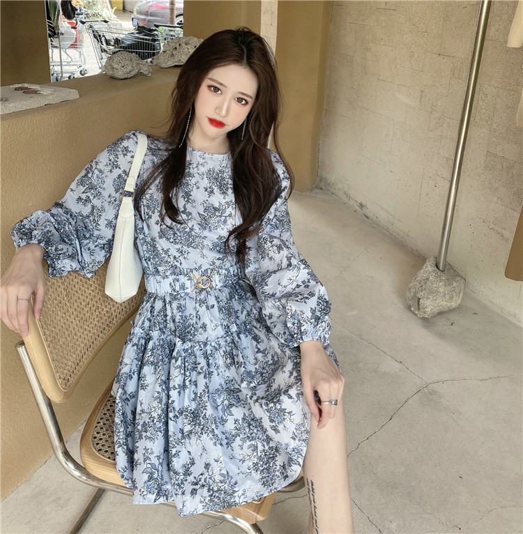Korean Spring Women Mini Dress Elegant Floral Printed Lantern Sleeve Vestidos Feminine Chic With Belt 210519