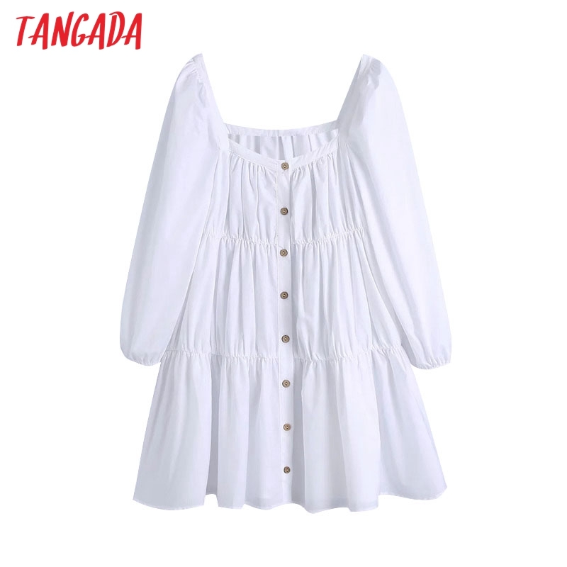 Women Fashion Square Collar White A-line Dress Vintage Long Sleeve Female Short Dresses Vestidos Mujer BE510 210416