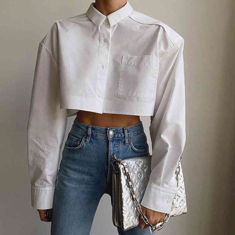 Elegant White Basic Women Cropped Shirt Summer Vintage Single Breasted Long Sleeve Lapel Pocket Temperament Chic Tops 210521