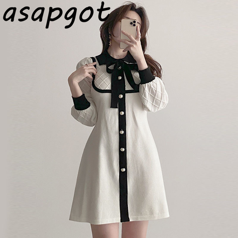 Fashion Vintage Chic Puff Long Sleeve Peter Pan Collar Bow Single-breasted Knitted Dress Women Mini Vestido Feminino Wild Sweet 210429