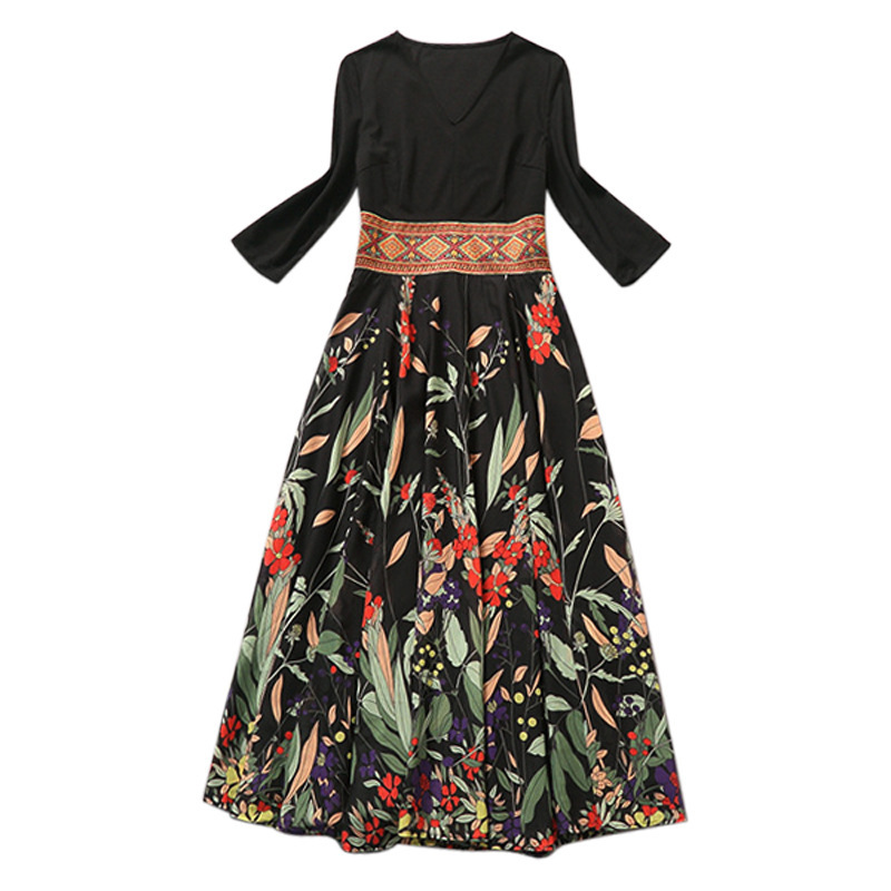 VKBN Spring and Summer Plus Size Dress Women Elegant Patchwork Printing Three Quarter Empire V-Neck Party Dress Fashion 210507