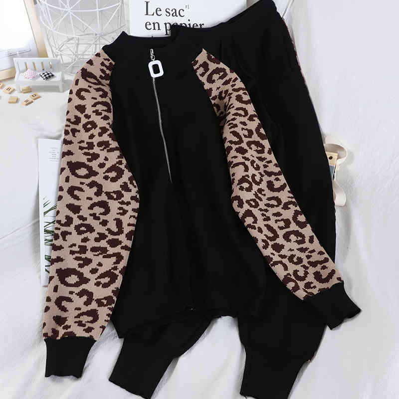 Two Piece Tracksuit Long Sleeve Coat And Trousers Fashion Leopard Patchwork Knit Casual Suit Set Autumn Female Korean 210506