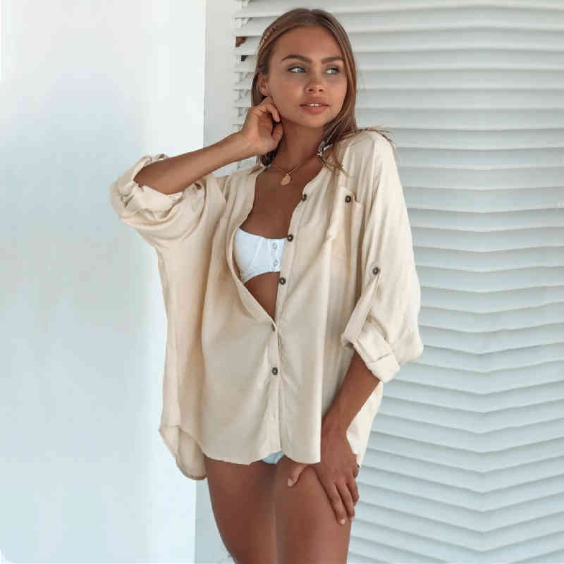 Bikini Cover-Ups Elegant Hollow Out Deep V-neck Summer Beach Tops White Cotton Tunic Women Wear Swim Suit Cover Up Q1083 210420