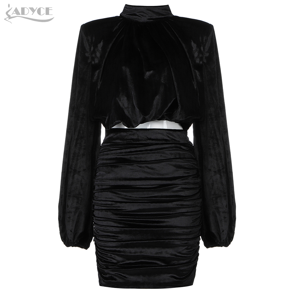 Fashion Black 2 Two Piece Sets Sexy Women Winter Long Sleeve Crop Top& Mini Skirt Club Celebrity Runway Party Set 210423