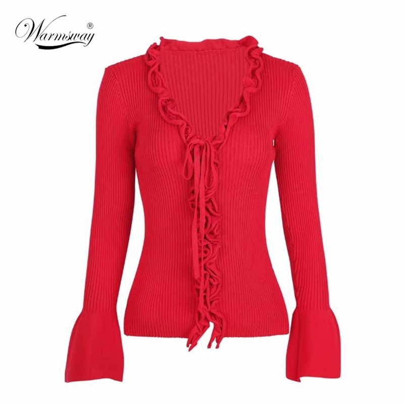 Fall Arrival Slim V-Neck Ruffle Women Buttons Sweater Elastic Flare Sleeve Knitted Cardigans Long Tops C-162 210522