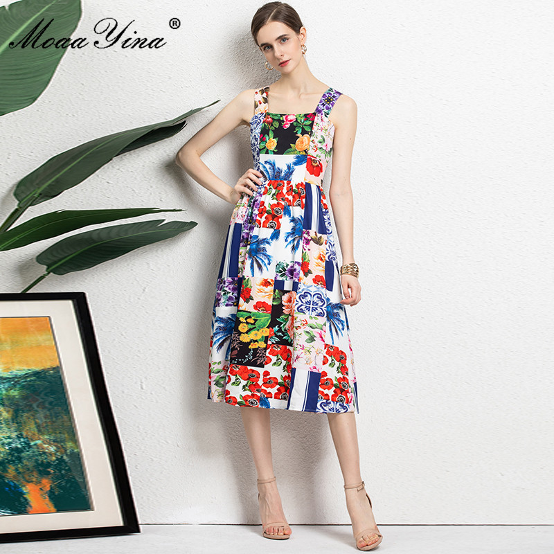 Summer Runway Bohemian Vacation Dress Women's Spaghetti Strap Floral print Elegant Midi 210524