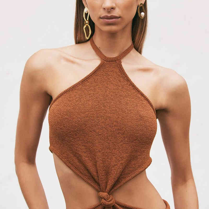 Sexy Bikini Cover-ups Elegant Halter High Waist Belted Summer Beach Dress Crochet Tunic Women Wear Swim Suit Cover Up A856 210420