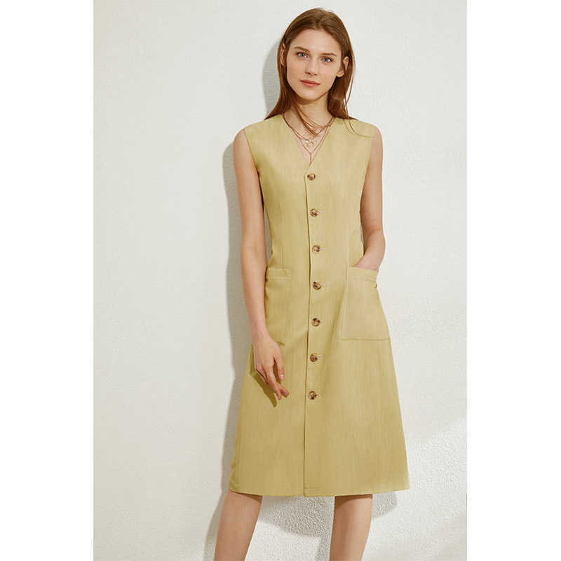 Summer Office Lady Sleeveless Dresses Elegant Solid Vneck Slim Single-breasted Fashion Female Dress 12040158 210527
