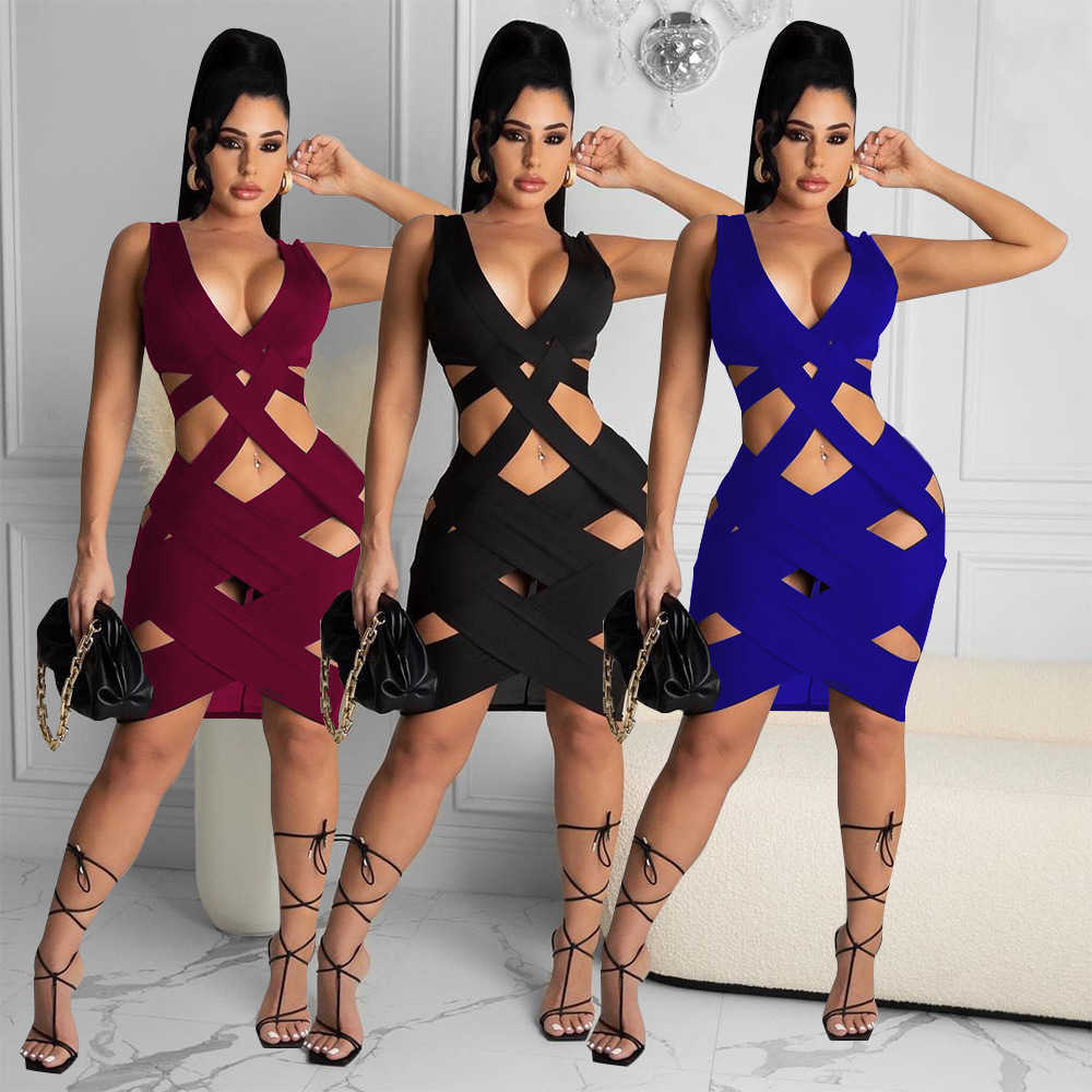 Women Sleeveless Plunge V-neck Bandage Dress Sexy & Club Bodycon Dresses 210702