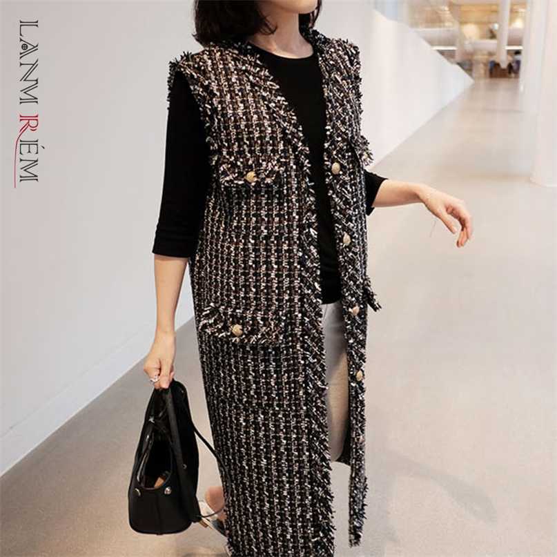 LANMREM v-neck black single-breasted elegant Tweed vest autumn plaid pattern Korean style all-match waistcoat for Women 2A986 211120