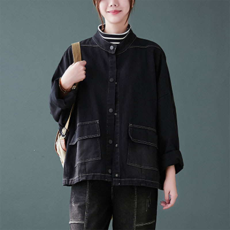 Autumn Korea Fashion Women Loose Casual Black Short Coat Single Breasted Big Pocket Denim Jackets Plus Size S31 210512