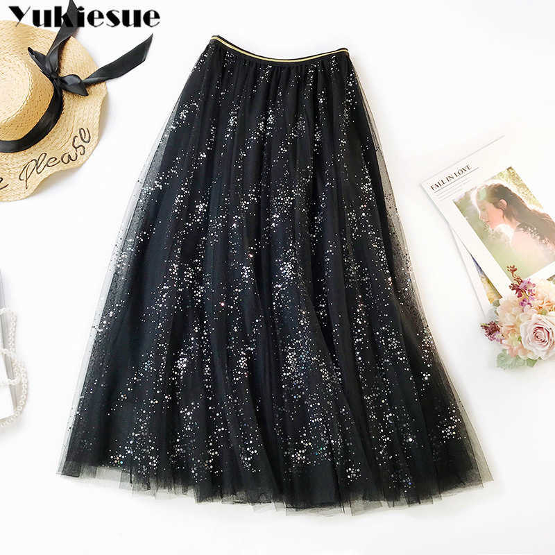 high waist Women's skirt s woman fashion womens jupe femme long maxi tulle Sequin bling s black pink 210608, Blue 
high waist Women's skirt s woman fashion womens jupe femme long maxi tulle Sequin bling s black pink 210608, Blue