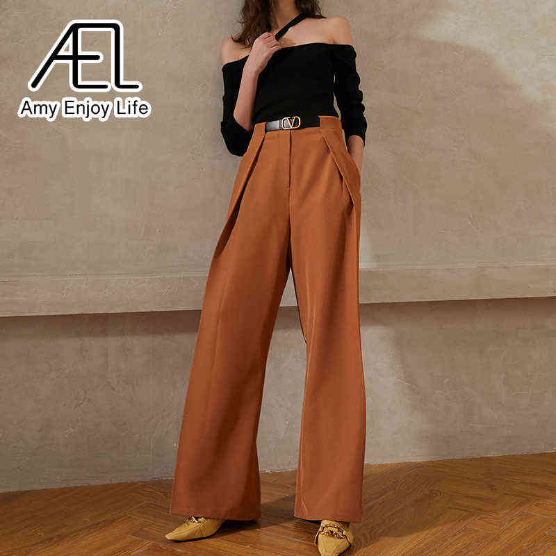 AEL Summer Women Wide Leg Loose Trousers Caramel High Waisted Pants Casual Streetwear Ladies Fashion Quality Clothing 211115