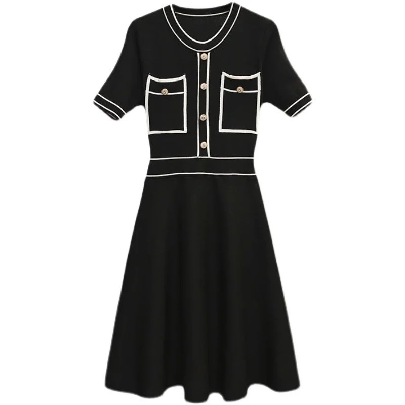 Vintage O Neck Solid Knitted Summer Dresses women plus size 4XL elegant shorts sleeve chic Vestidos Clothes 210522