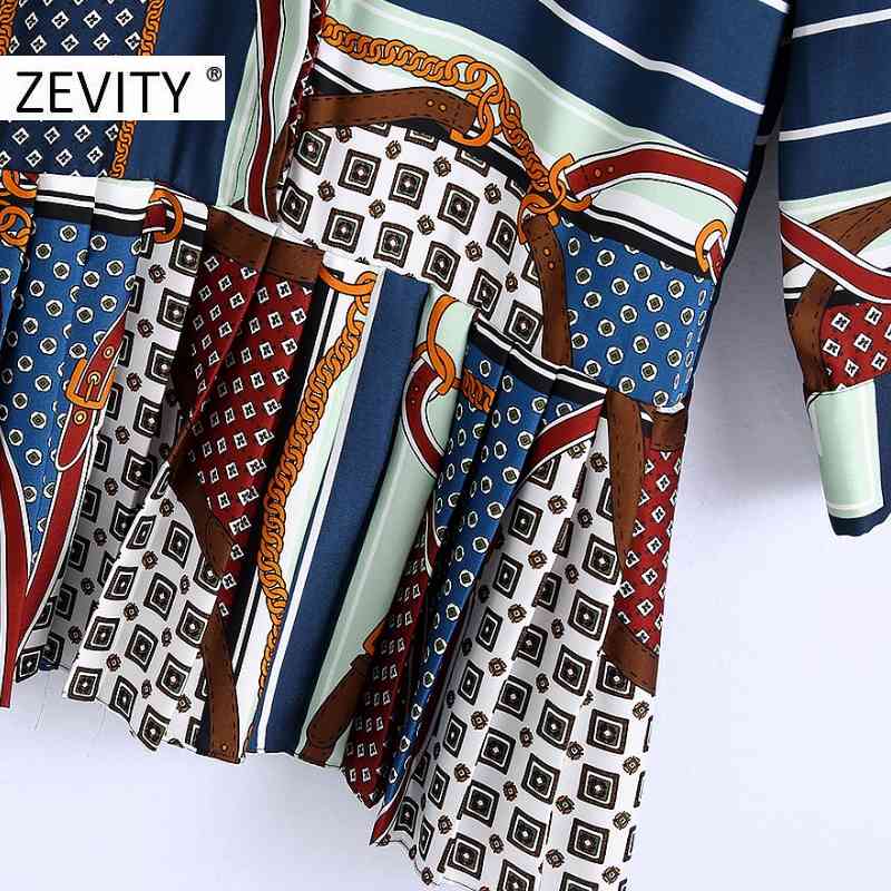 Zevity Women Vintage Patchwork Geometric Chain Print Hem Press Pleated Mini Shirt Dress Office Ladies Chic Court Vestido DS4620 210409