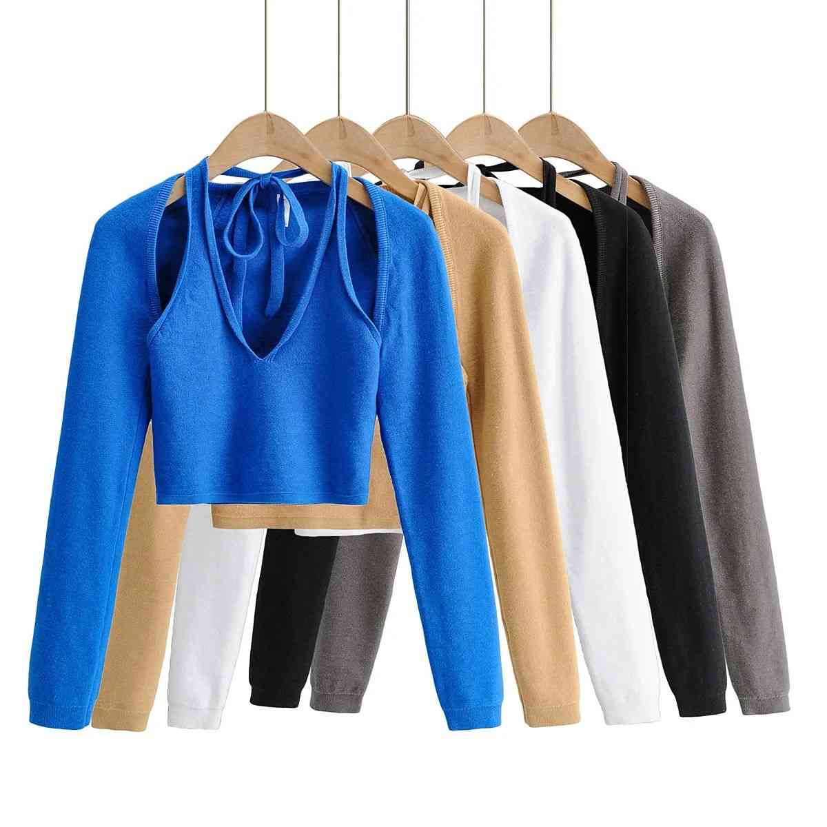 Nomikuma Women Knitted Sets Lace Up Halter Sling Vest + Long Sleeve Sweater Cardigan Coat Spring New Sexy Short Suits 6E188 210427