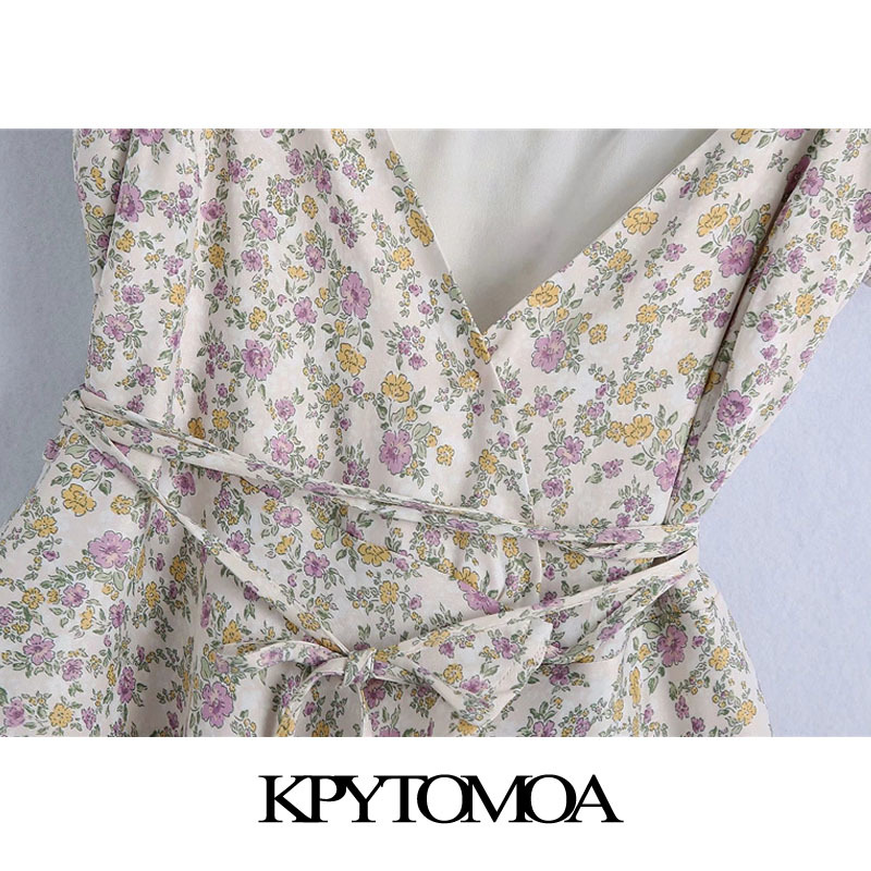 Women Chic Fashion With Belt Floral Print Wrap Mini Dress V Neck Puff Sleeve Female Dresses Vestidos Mujer 210420