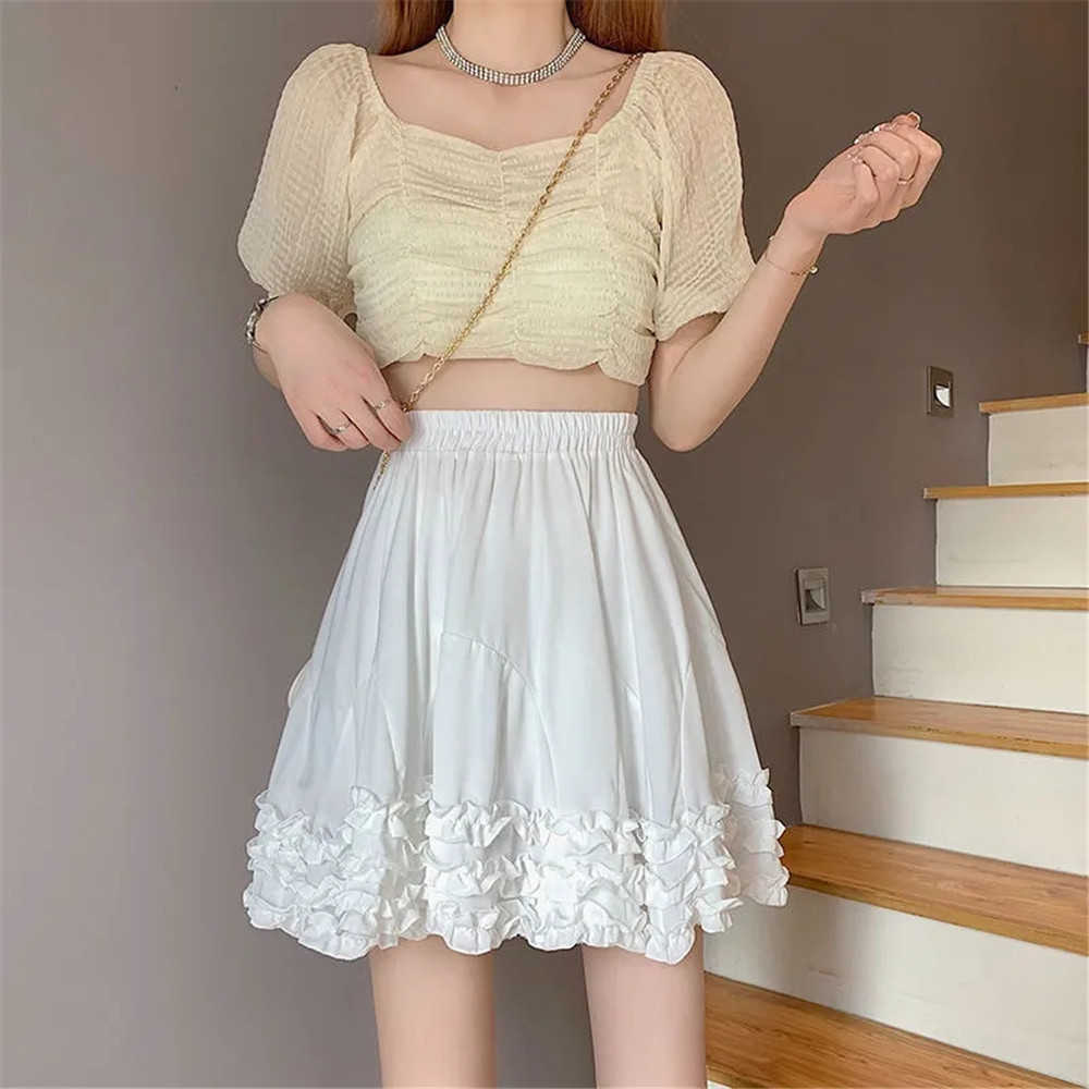 Ruffled Short Pleated Skirt Women Solid White High Waist Mini A-Word Skirt Summer Korean Fashion Casual Mini Skirt Streetwear 210619wtt