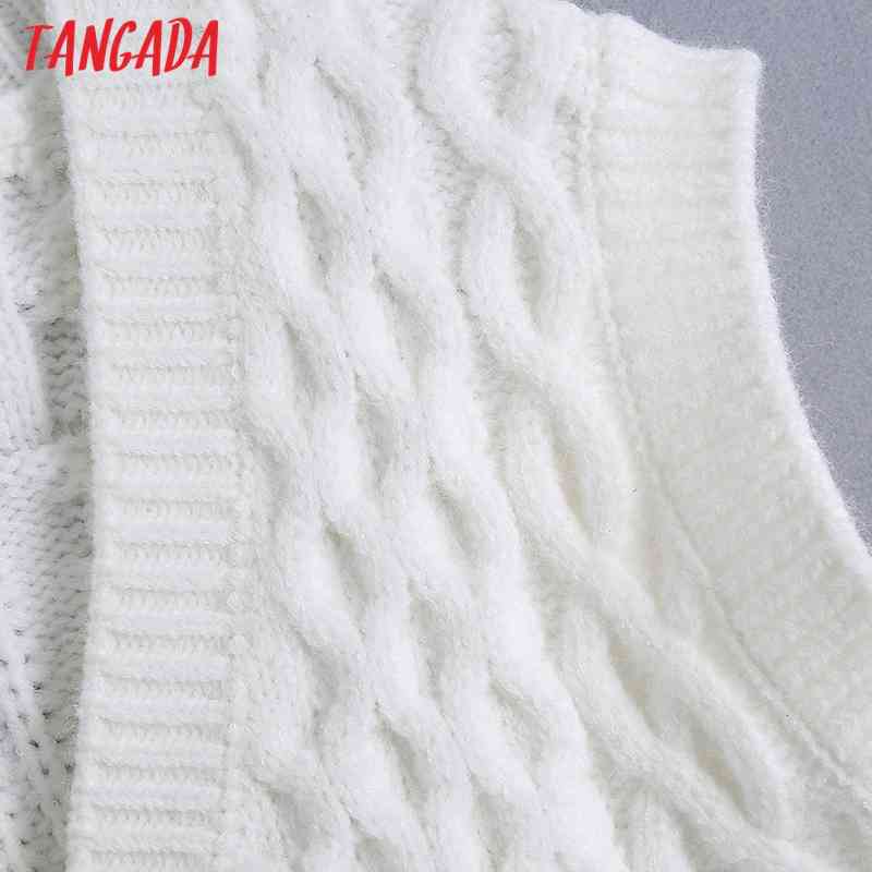 Women Vintage White Twist Oversized Knitted Vest Sweater Buttons Sleeveless Female Waistcoat Tops BE492 210416