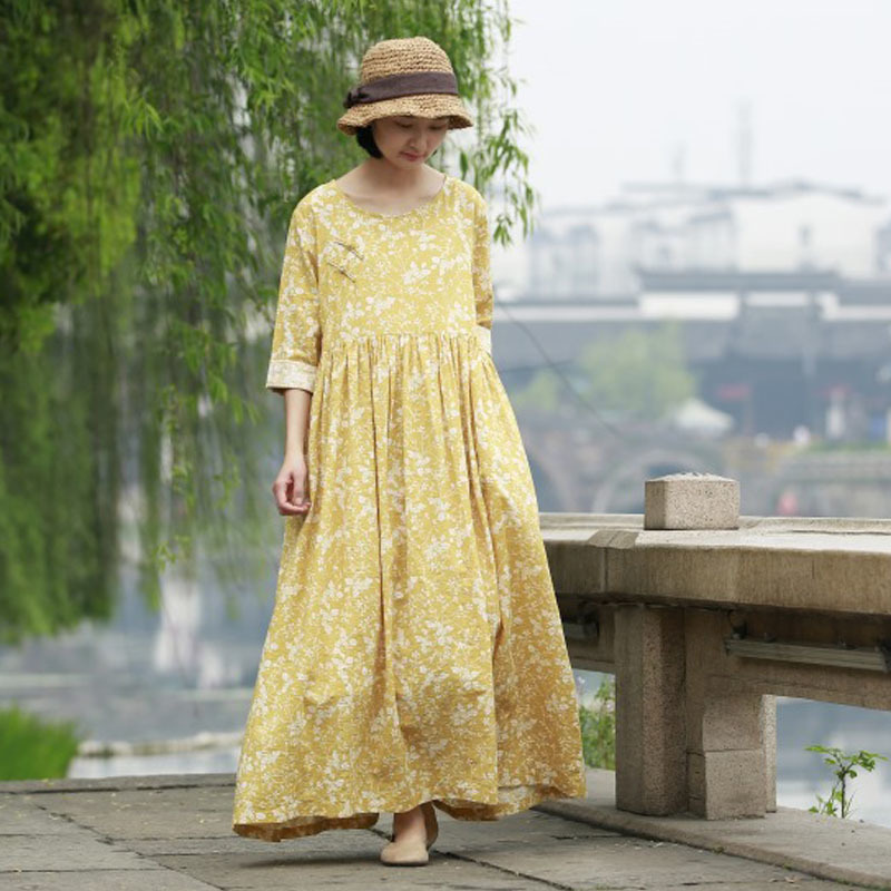 Johnature Spring Comfortable Plus Size Plate Buckle Print O-neck Pockets Retro Dresses Loose Leisure Women Fasion Dress 210521, Yellow
Johnature Spring Comfortable Plus Size Plate Buckle Print O-neck Pockets Retro Dresses Loose Leisure Women Fasion Dress 210521, Yellow