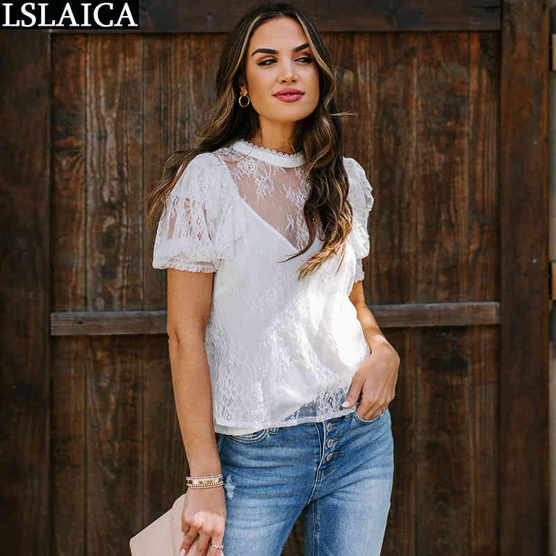 Womens Tops O-Neck Solid Lace Patchwork Causal Femmes Blouses Office Elegant Casual Shirts For Women Chemisier Femme 210520