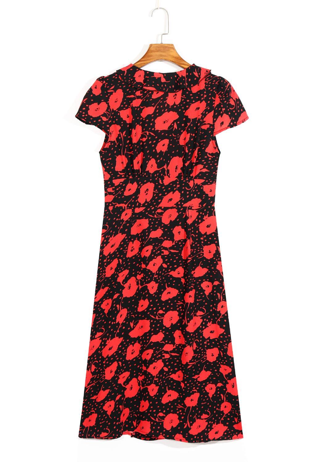 Vintage France style Ruffles Collar Flower Print Dress Holiday Woman Side Button Waist Slim Short Sleeve Midi Tea Dresses 210429