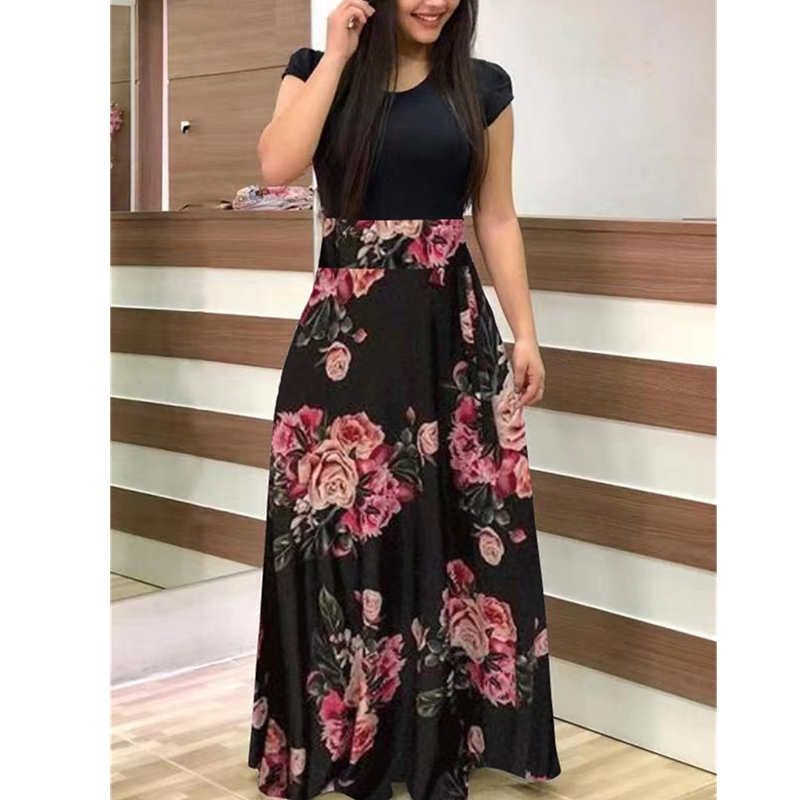 Vintage Floral Print Long Dress Women Summer Casual O Neck Short Sleeve Robe Elegant Ladies Tunic Maxi Plus Size S-5XL 210522