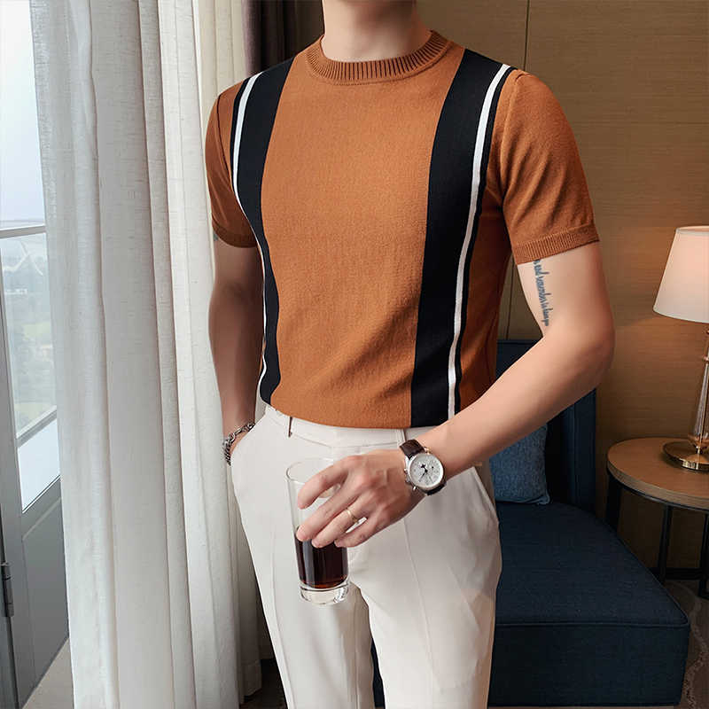 Summer Striped Knitted T-shirt Men Short Sleeve Slim Fit T Shirts Korean Casual O-neck Tops Tees Ice Silk Breathable Streetwear 210527, Khaki
Summer Striped Knitted T-shirt Men Short Sleeve Slim Fit T Shirts Korean Casual O-neck Tops Tees Ice Silk Breathable Streetwear 210527, Khaki