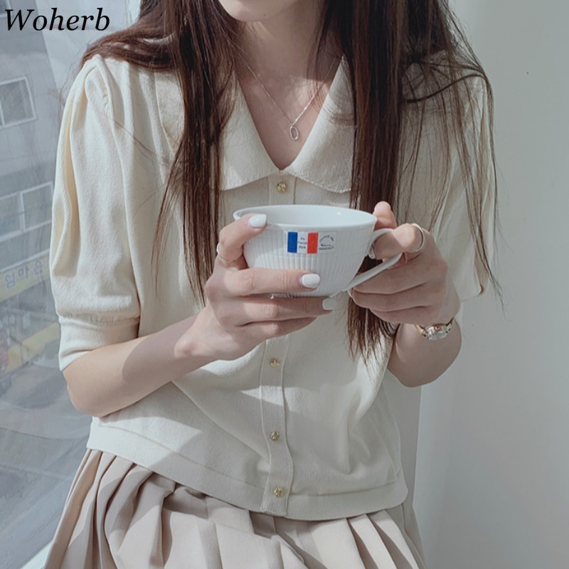 Knitted Thin Tops Women Solid Color Short Sleeve Single Breasted Sweater Sweet Peter Pan Collar Fashion Cardigan Sueter 210519