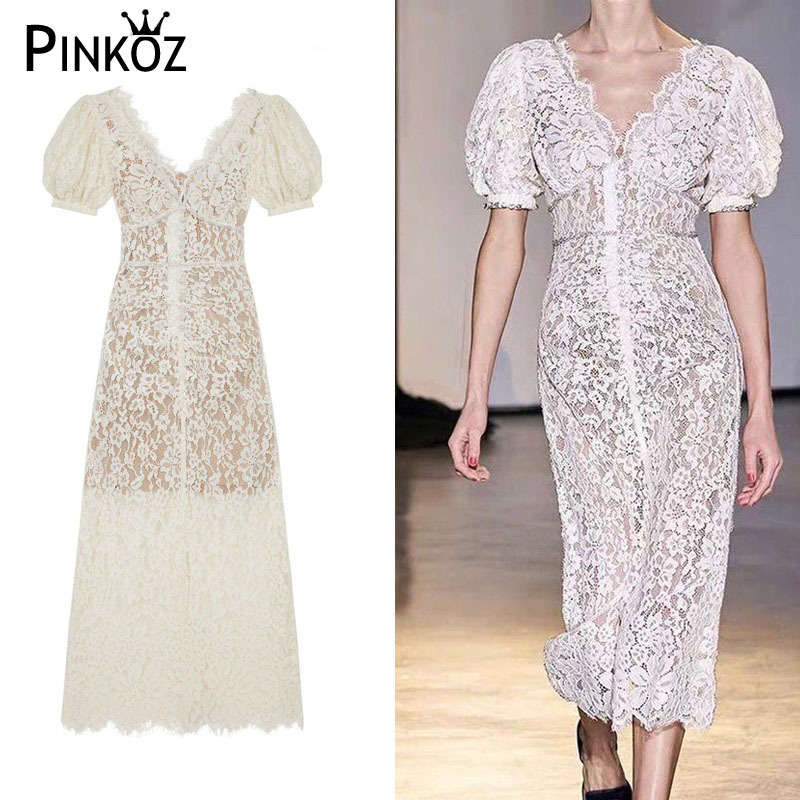Vintage Cream White Lace V-neck Puff Sleeve Midi Dress Crysral HIgh Quality Part Dinner Boho Dresses Summer ropa mujer 210421