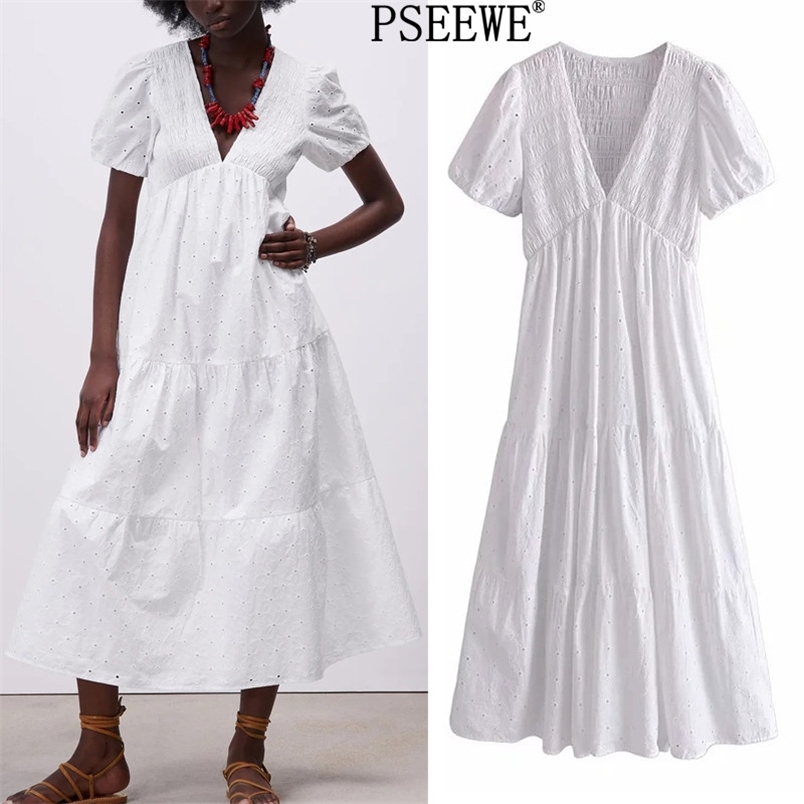 White Woman Long Summer Dress Cutwork Embroidery V Neck Short Puff Sleeve Midi Women Ruffle Casual es 210519
White Woman Long Summer Dress Cutwork Embroidery V Neck Short Puff Sleeve Midi Women Ruffle Casual es 210519