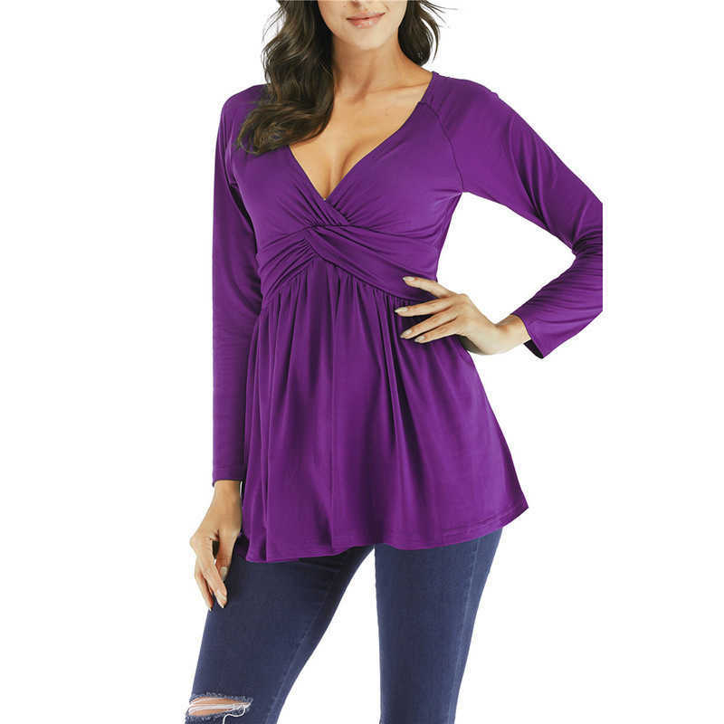 Woman Basic Tshirt Sexy V-neck Long Sleeve Ruched A-line Loose Pullover 90s Women's Oversize T-shirt Streetwear Women Shirt Blue 210604