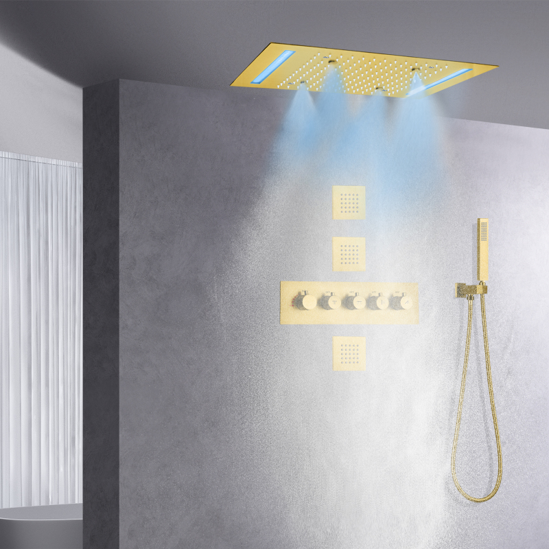 Brushed Rainfall LED Shower System Set 14 X 20 Inch Ceiling Mounted Rectangle Large Bathroom Luxury Atomizing Rain Brass Thermostatic Faucet
Brushed Rainfall LED Shower System Set 14 X 20 Inch Ceiling Mounted Rectangle Large Bathroom Luxury Atomizing Rain Brass Thermostatic Faucet