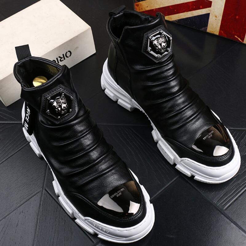 New Men Fashion Casual Ankle Spring Autumn Flock Leather Metal Decoration Riding High Top Hip Hop Shoes b94