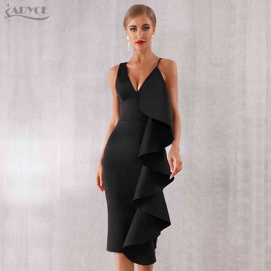 Summer Women Celebrity Evening Runway Party Dress Vestidos Sexy Sleeveless Ruffles Black Midi Bodycon Club 210423