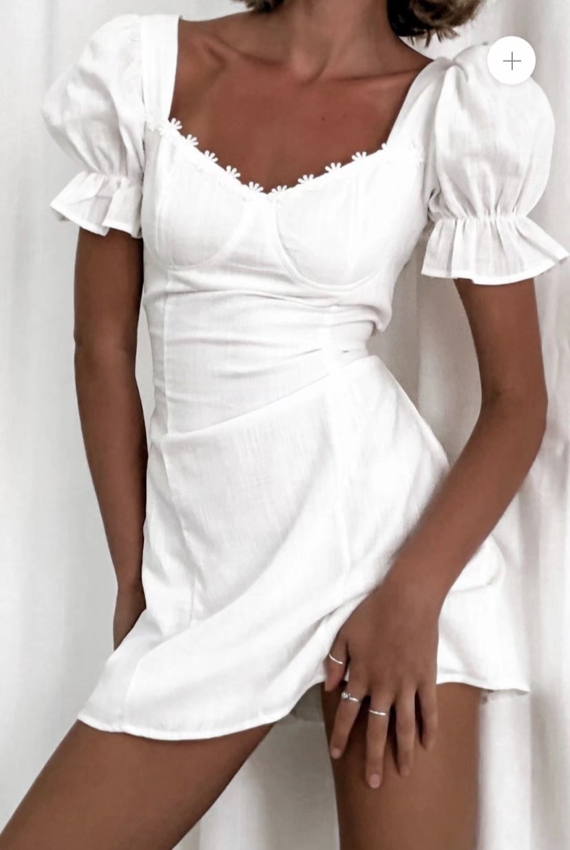 Retro Stitching Lace Square Collar Short Sleeve Dress for Woman White French Mini Dresses Holiday 210429
