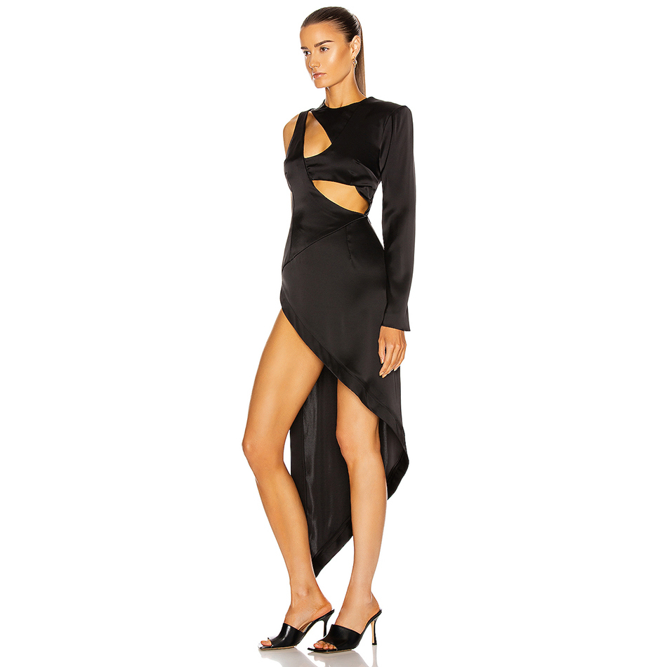 Free Women's Sexy Midi Dress Round Neck One Shoulder Long Sleeve Bodycon Hollow Club Party Split Vestido 210524