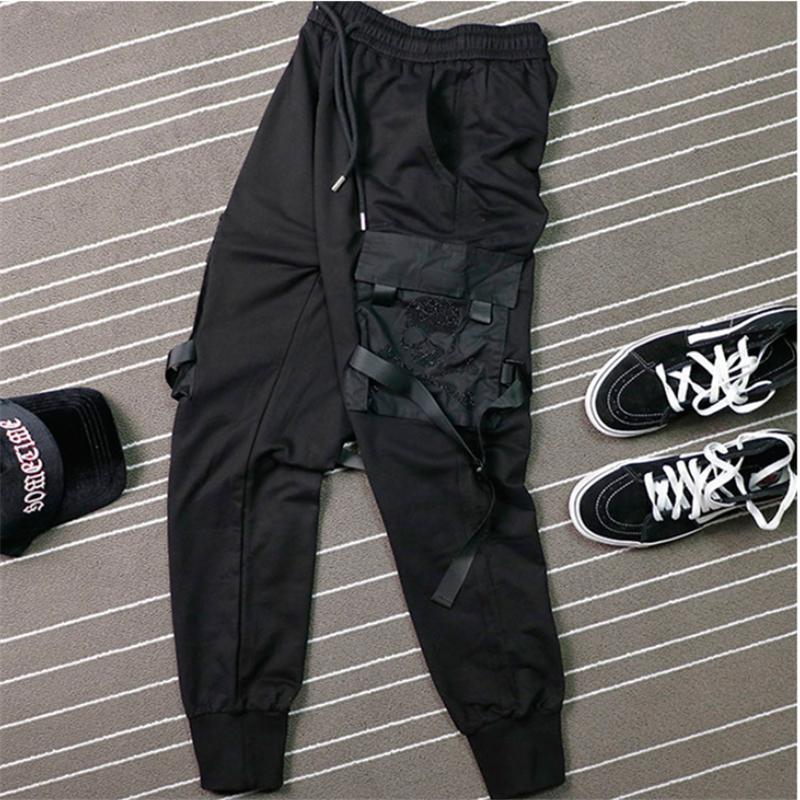 Spring/summer Men's Black Drilling Skulls Overalls Ribbon Leisure Waist Pocket Bundle Foot Support Elastic Slim Pants