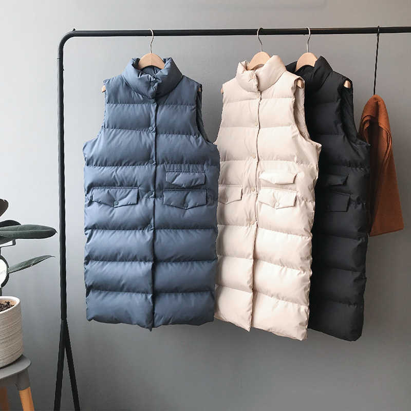Women Winter Vest Coat Stand Collar Long Warm Tops Chaleco Mujer Gilet Casaco Feminino 210915