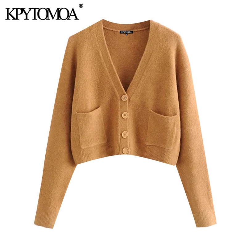 Moda donna con tasche Cardigan lavorato a maglia corto maglione scollo a V manica lunga capispalla femminile Top chic 210420