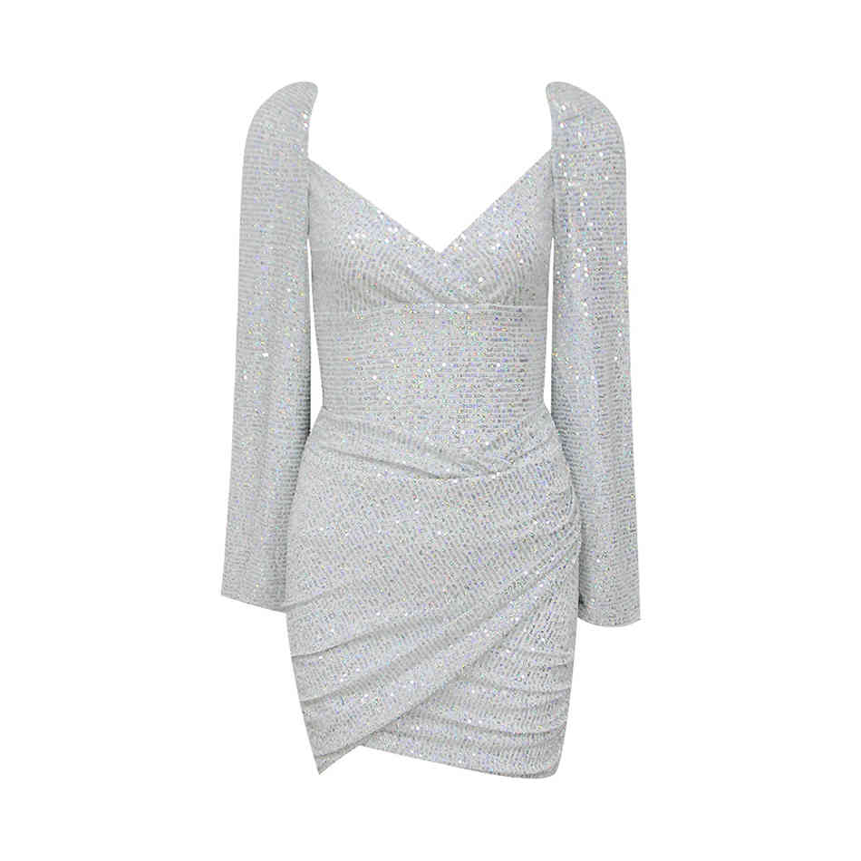 Free Women's Silver Sequined Skirt Set Sexy V-neck Lantern Sleeve Top & Draped Mini Two-piece 210524