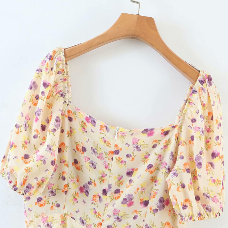 Vintage Square Collar Short Sleeve Floral Women Dress Fashion Puff Sleeve Refreshing Draw Back Slim Chic Female Mini Dresses 210507