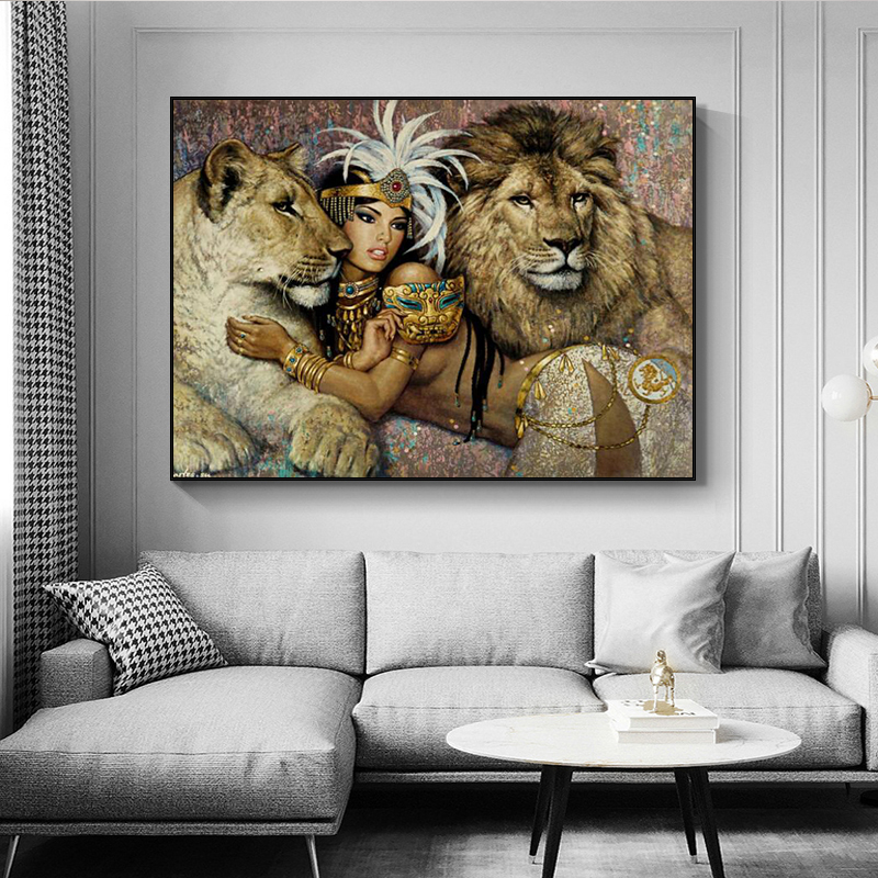 Ancient Egyptian Sexy Ladies Women and The Lion King Canvas Art Painting Posters and Prints Art Pictures Home Decor