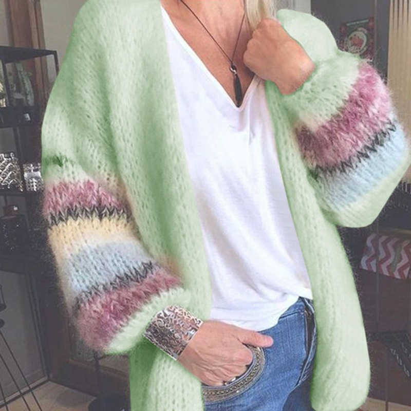 Fall Winter Knitted Cardigan Striped Patchwork Mohair Sweater Korean Style Lady Long Sleeve Loose Casual Mujer 210604