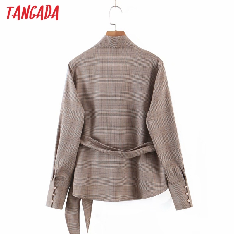 Women Plaid Pattern Thick Shirts Bow Long Sleeve Pearl Buttons Elegant Office Ladies Blouses QD02 210416