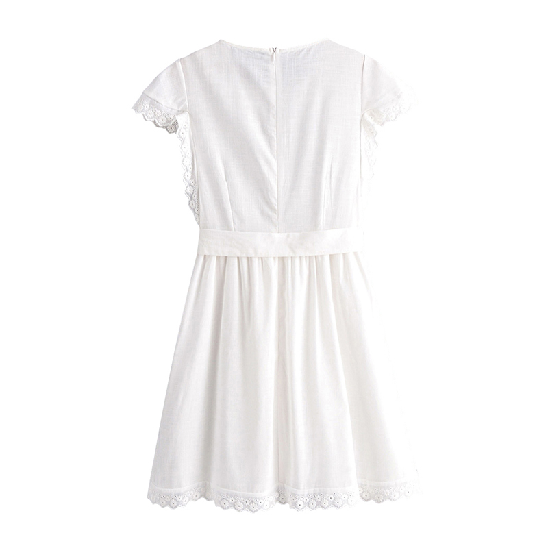 Women Lace Patchwork White Cotton Dresses Short Sleeve Solid Casual Sashes Female O Neck Summer Elegant Mini 210515