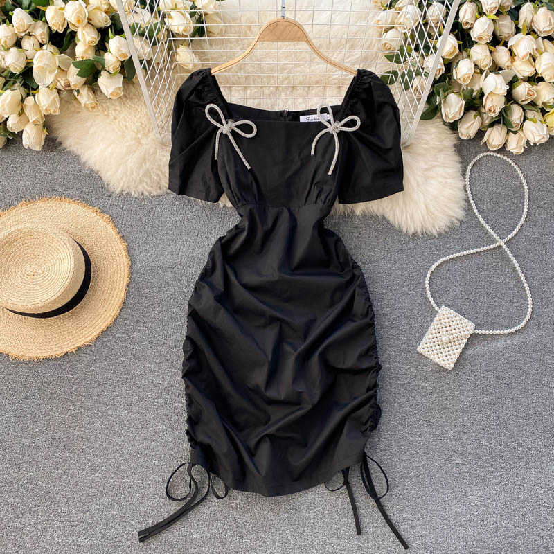 Women Fashion Square Neck Short-sleeved Water Drill Bow Draw Rope Pleated Package Hip Mini Dress Solid Color Vestidos R861 210527